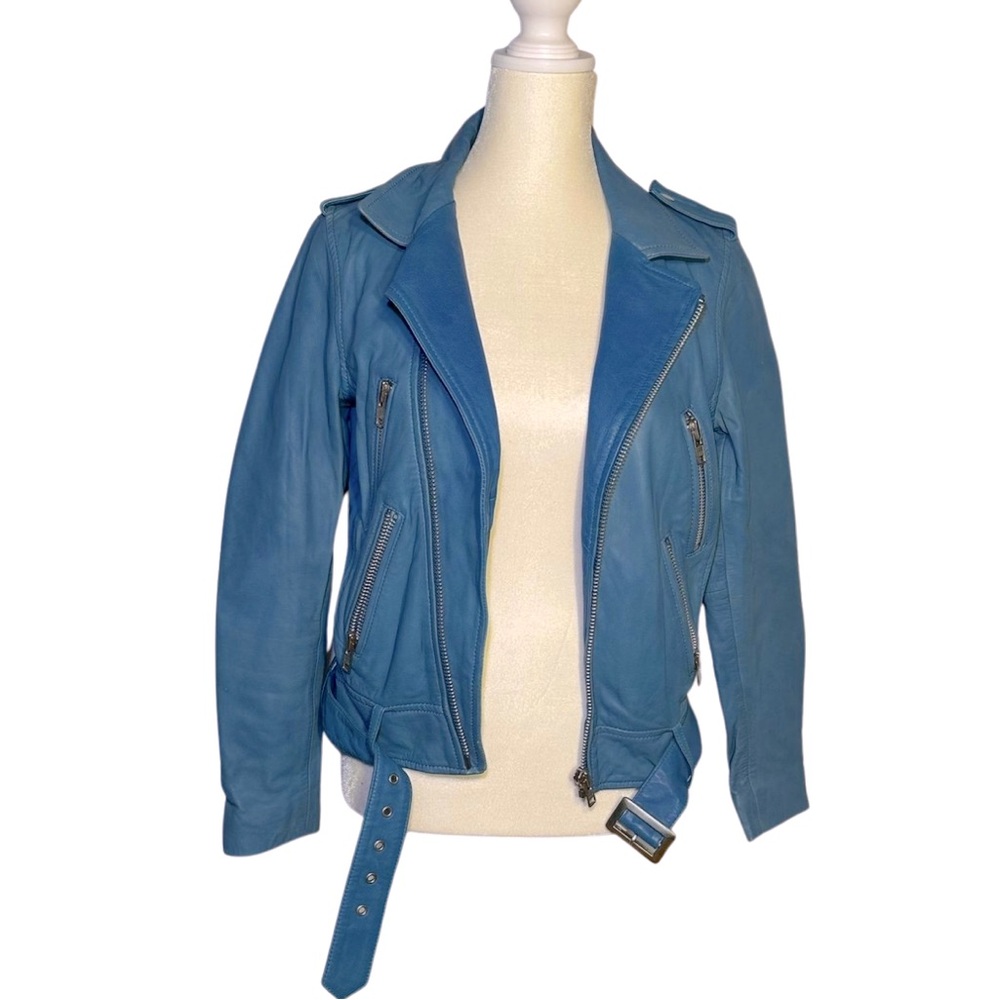 MAJE “Adder” 100% Genuine Lamb Leather Moto Jacket ins Light Blue Size EU 38